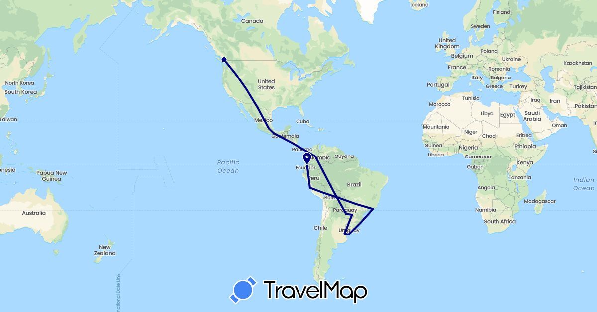 TravelMap itinerary: driving in Argentina, Bolivia, Brazil, Canada, Colombia, Ecuador, Mexico, Peru, Paraguay, Uruguay (North America, South America)